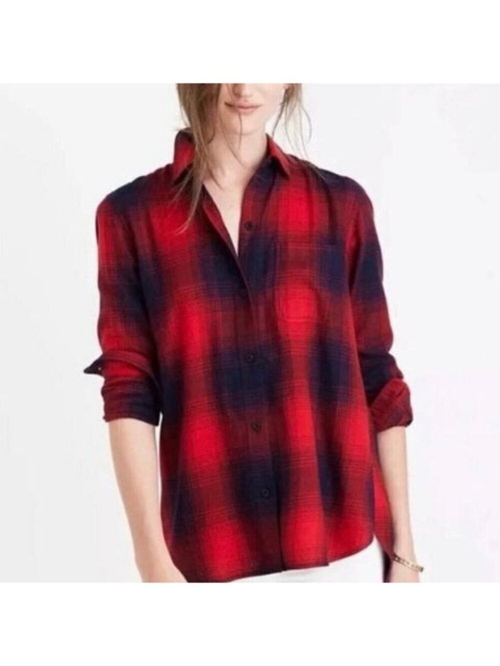 Madewell Classic Fit Red Navy Plaid Button Front Flannel Shirt XS